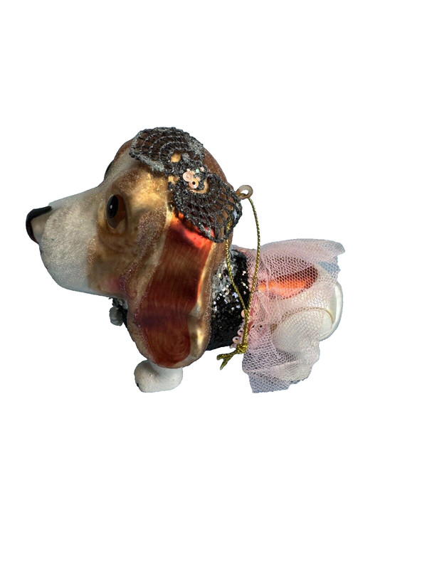 Blown Glass Hounddog Dressed in Sequins, Pearls Skirt  Christmas Ornament  5"