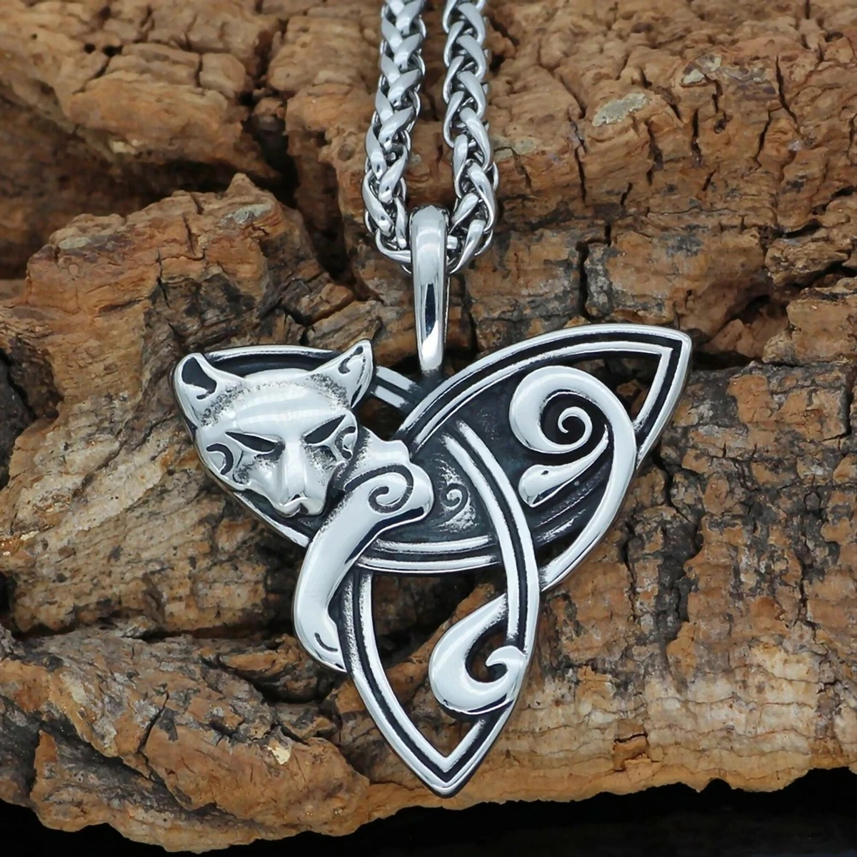 Stainless steel cat on triquetra celtic necklace sale