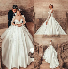 Vintage Satin Wedding Dresses Sheer Long Sleeves Appliques Long Bridal Gowns