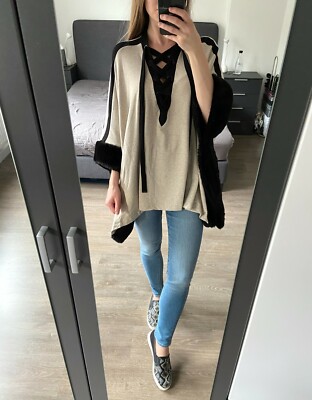 Saks Fifth Avenue Designer Poncho Cape Jacke beige schwarz XS neu