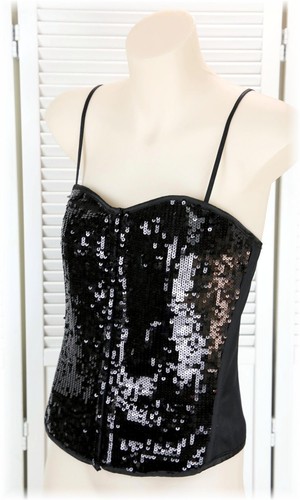 Show Time Black Sequins Boned Lace Up Back Clip Front Shirley's Corset Size M - Picture 9 of 10
