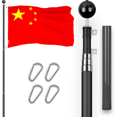 Combo: 16 Ft Telescoping Flagpole Black & China Chinese Flag 3x5 Ft Emb 300D