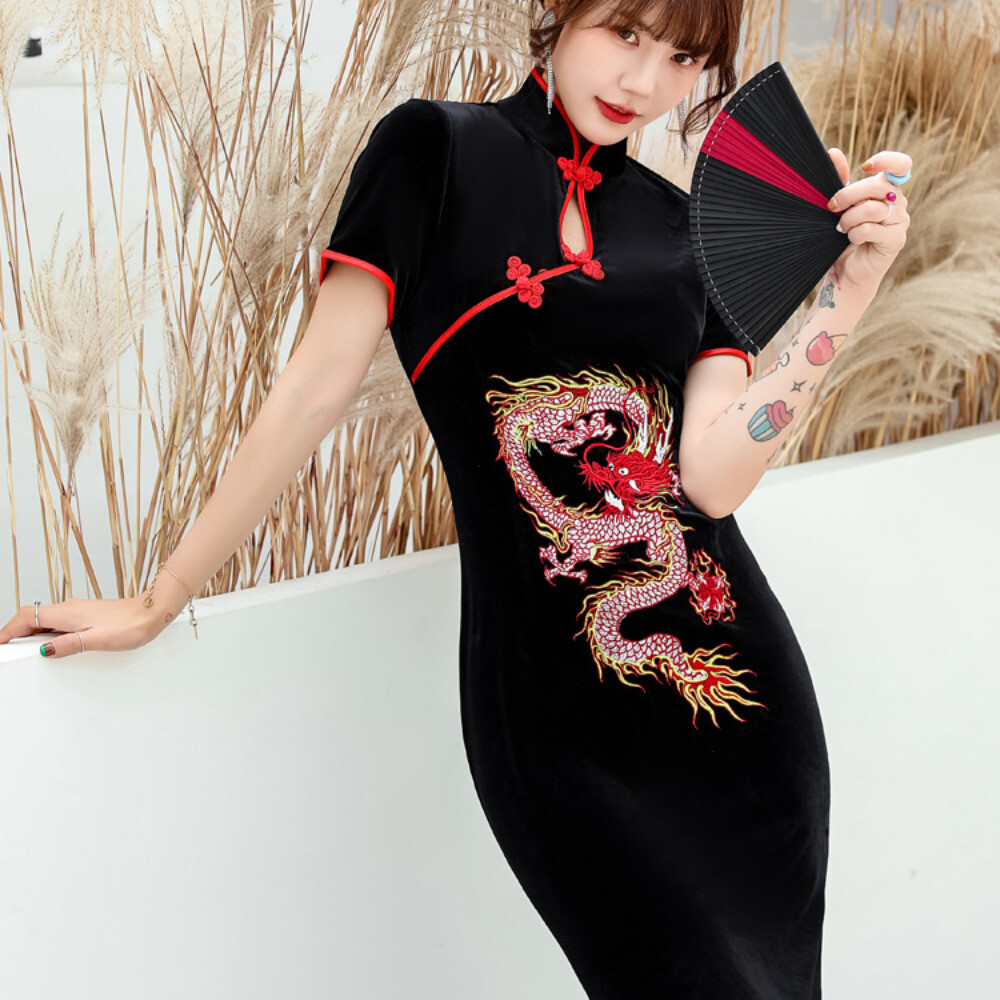 Lady Velvet Cheongsam Qipao Dress Embroidered Chinese Dragon Vintage Hanfu  Girl