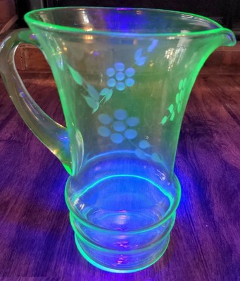 Vintage Green Depression Glass Uranium glass Vaseline glass Etched Pitcher