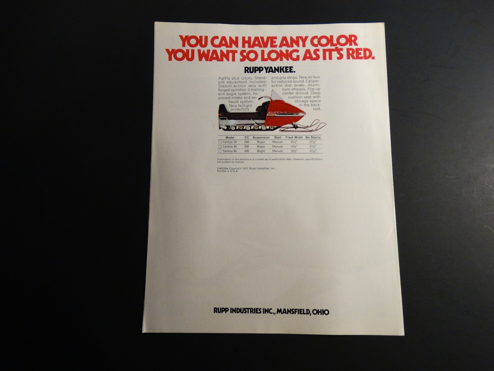 1973 RUPP YANKEE SNOWMOBILE SALES BROCHURE 8 1/2" x 11" 4 PAGES (656