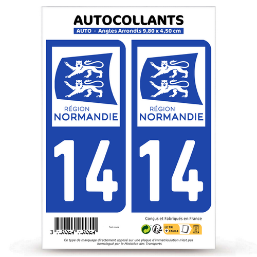 2 Stickers autocollant plaque immatriculation 14 Calvados - Normandie Bi-ton - Picture 2 of 12