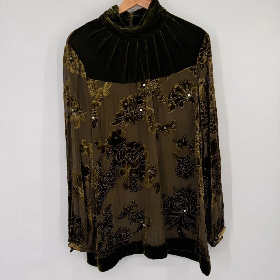 Blusa túnica verde floral flocada veludo ambiente macio feminina tamanho grande seda - Imagem 2 de 4