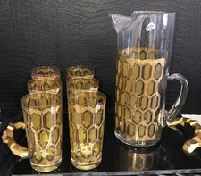 West Virginia Glass Pitcher and 6 Highball Glasses Yellow & Gold