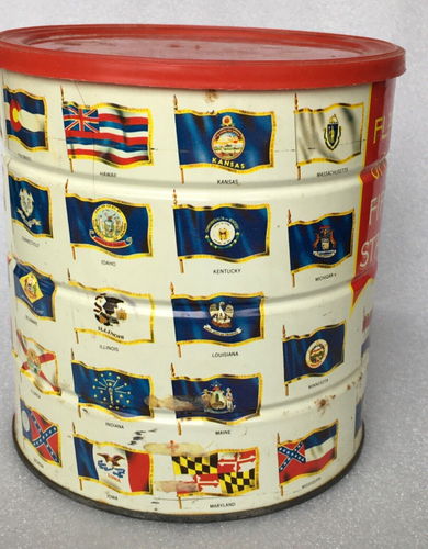 1970 Hills Brothers COFFEE metal tin 50 Flags Of The United States Colorful - Picture 7 of 12
