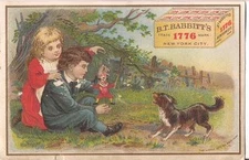 B T BABBITTS Antique 1890s Victorian Trade Card Kids Puppy Dog Marionette Puppet