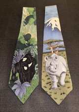 Lot of 2 Vintage WWF Wildlife Gorilla & Rhinoceros Men's Silk Ties Made in USA