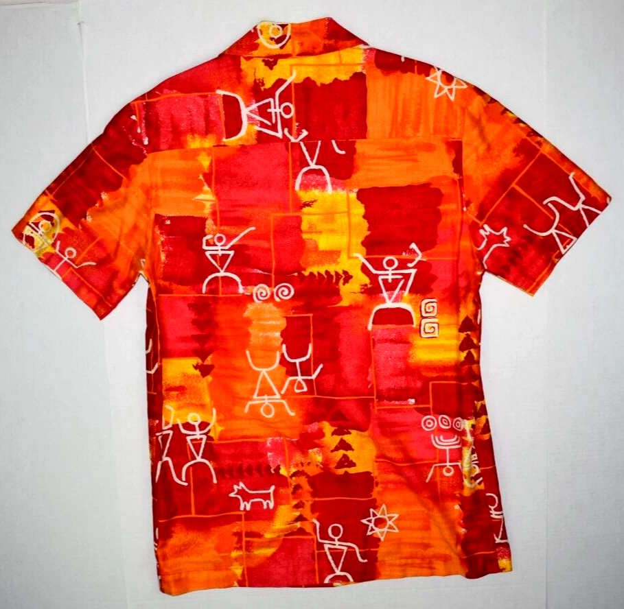 Camisa Hawaiana Vintage Años 50 Petroglifos Talla S/M Horizontal Botón Agujeros Naranja Foto 3 de 4
