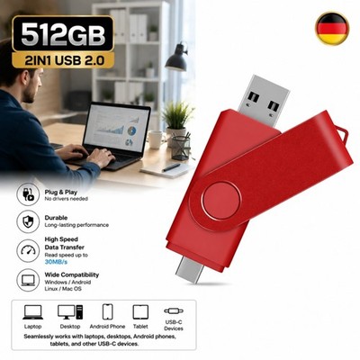 USB Stick 512GB 2 in 1 USB-C OTG Speicherstick Metall Schwenk-Design für Handy