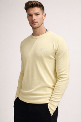 BRANDNEU Superdry Herrenpullover Kaschmirmischung Rundhalsausschnitt Zitronenmeliert
