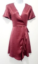 LUSH Wrap Dress Shimmery Burgundy Red Short Sleeve V-Neck Ruffle Side Womens MED