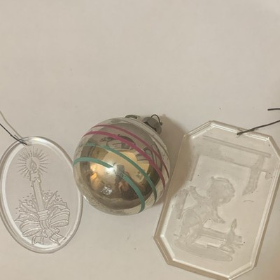 Vintage Plastic Glass Christmas Ornaments Lot 3 Etched Silver Striped Ball