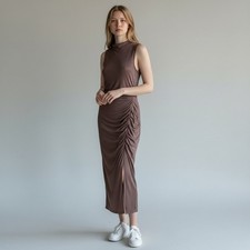 ASOS DESIGN Taupe Velour Ruched Side Slit Mock Neck Midi Dress Sz 12