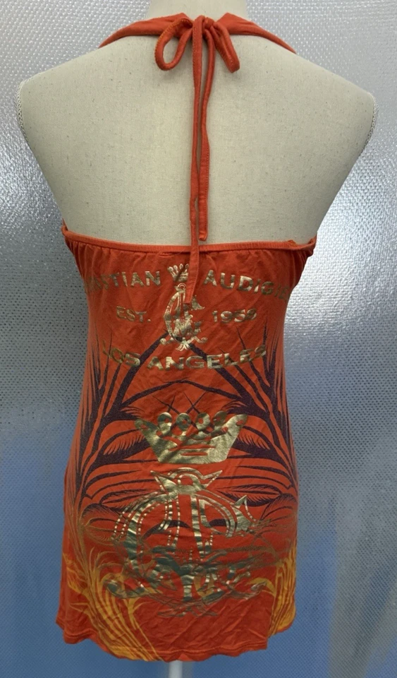 Christian Audigier Dress Womens Sz L Orange Tattoo Art Rhinestone Logo Retro VTG - Image 2 of 4