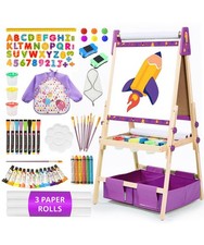 Art Easel for Kids with 3 Paper Roll, Magnetic Whiteboard and Purple
