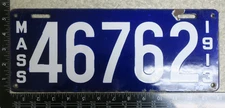Massachusetts Porcelain 1913 License Plate Tag Ma # Mass #46762 (AYCF)