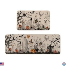 Halloween Boo Dog Ghost Kitchen Rug Set - 2 Low-Profile Mats 17x29  17x47 