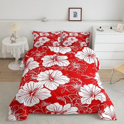 Flowers Comforter Set King Size, Red Flower Bedding for Kids, Abstract Wild Flor