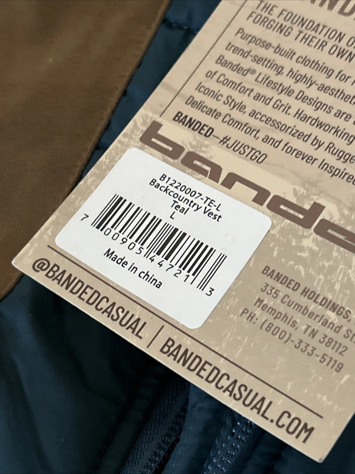 New! Large Men’s Banded Backcountry Quilted Teal Vest - Image 4 of 4