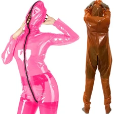 Transparent long sleeve tights Plastic see-through zip-front hooded tights