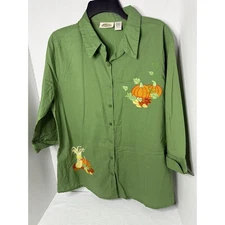 Collections Etc Women's L Green Fall Pumpkin Embroidered 3/4 Sleeve Button Up