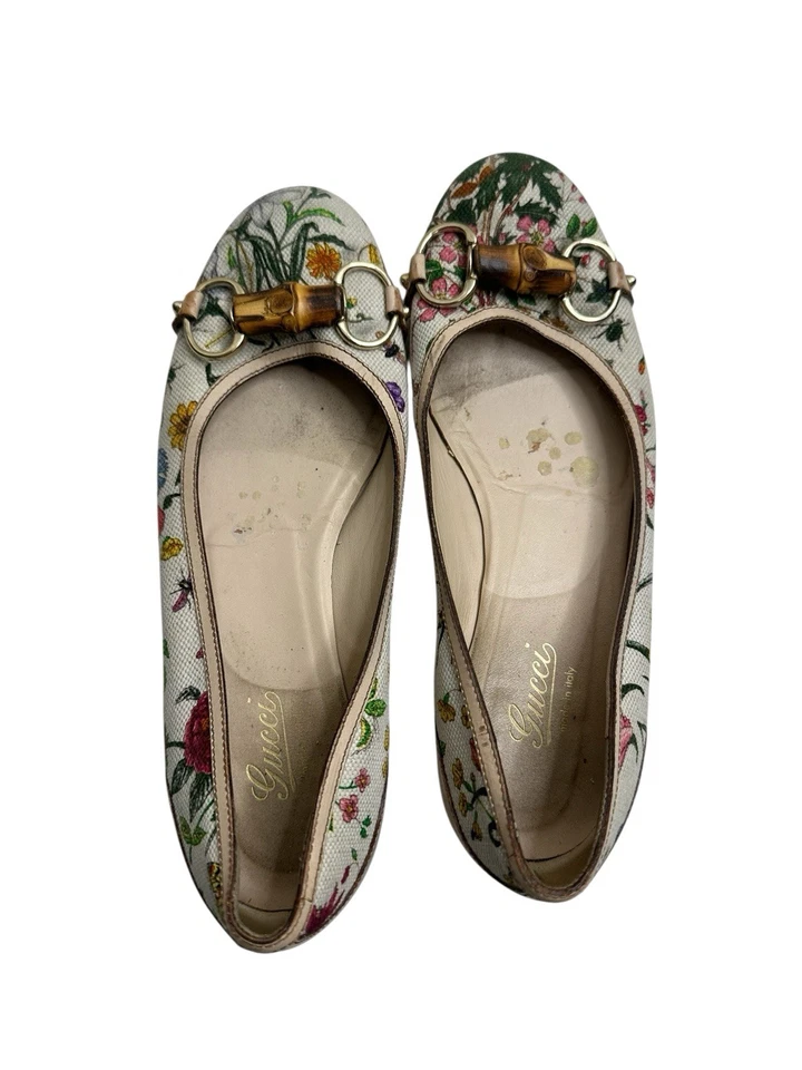 Gucci Multicolor Estampado Floral Cuero y Lona Bambú Horsebit Ballet 7B EE. UU. Foto 2 de 4