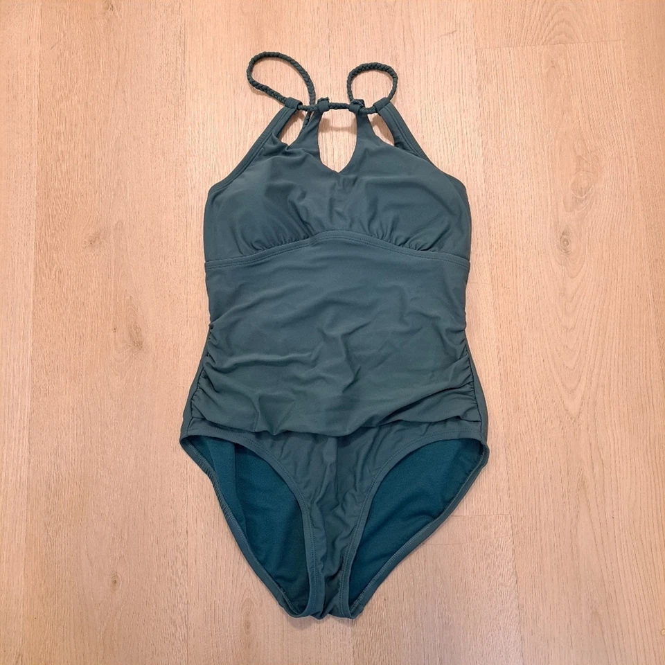 Traje de baño Merona azul verde halter acanalado elástico verano de una pieza talla mediana Foto 2 de 4