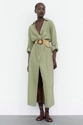 Zara 100% Linen Shirt Dress SMALL Long Sleeve Khaki Green Button Front NWOT  | eBay