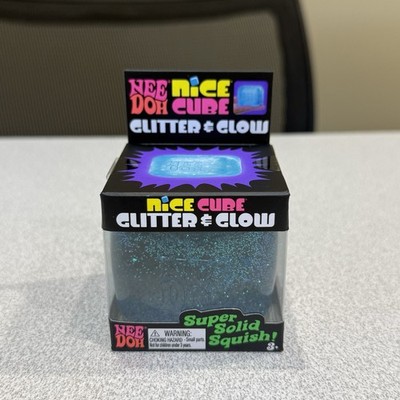 NeeDoh BLUE Glitter & Glow Nice Cube Super Solid Squish Stress Reliever Squishy