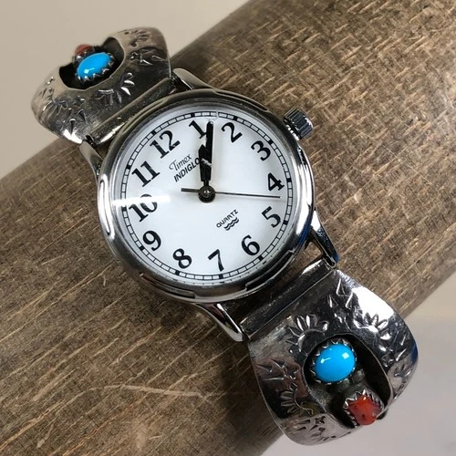 Vtg Timex Indiglo Women Turquoise Sterling Silver Navajo Tips 24mm Watch 6"