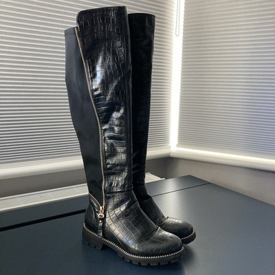 Kniehohe Damenstiefel UK 4 schwarz Krokoimitat Reißverschluss kantig Biker