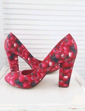 Red Herring Court Shoes 40s 50s Style Cherry Print Block High Heel Cherries 6 
