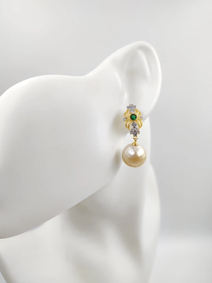 Редкий супер большой 13 мм морской воды белый жемчуг серьги 14 карат желтое золото изумруд - Изображение 3 из 4