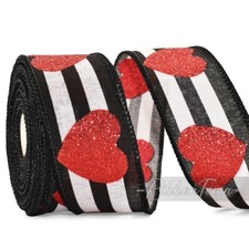 25 Feet Valentine Glitter Red Hearts Black White Striped Wired Ribbon 1.5"