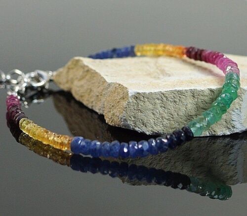 Precious Natural Gemstone Multi Sapphire,Ruby,Emerald Faceted Bead Bracelet 7.5" - Picture 2 of 4