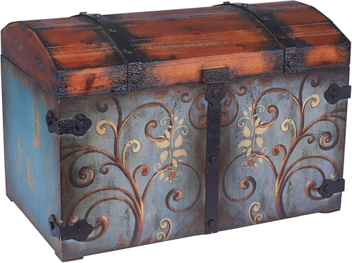 Vintage Large Wooden Storage Trunk, Blue Body, Brown Lid, Floral Design - Picture 11 of 12