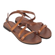 Sandali donna con cinturino alla caviglia di pelle e cuoio stile Citrino cognac