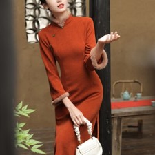 Donna Inverno Cheongsam Abito Pelliccia Finta Bordo Spesso Manica Lunga Laterale