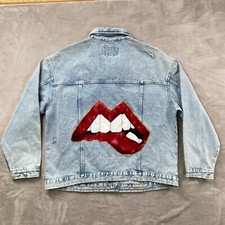 VTG Banana Republic Denim Jacket Womens Sz L Custom Handpainted Lips Distressed