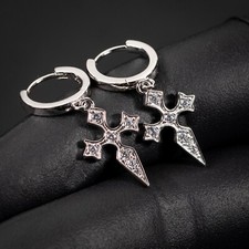 Men's Iced Cz 925 Sterling Silver Huggie Dagger Cross Dangle Hoop Earrings