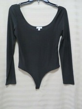 Leith Women's Double Scoop Neck Long Sleeve Thong Bodysuit-Black-Size Medium