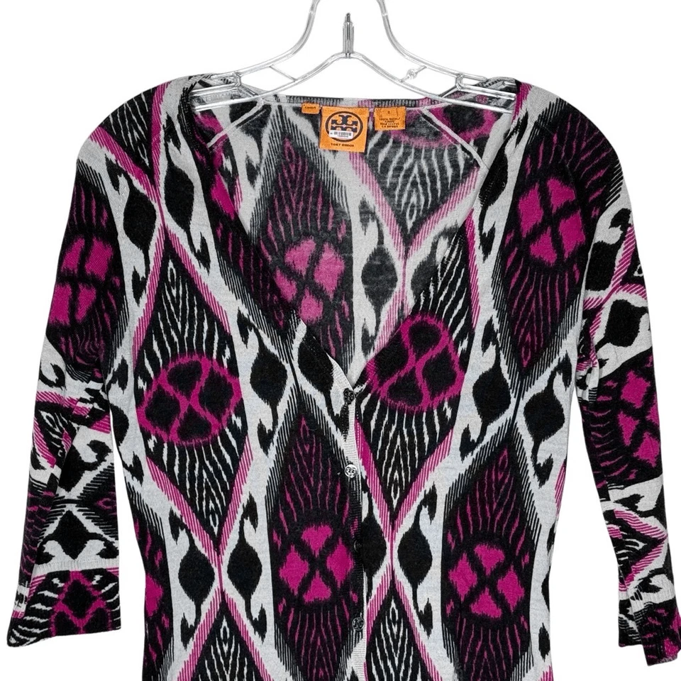 Suéter Pullover Tory Burch Negro Rosa Manga 3/4 Top Talla S Lana Tejido Cuello en V Foto 2 de 4