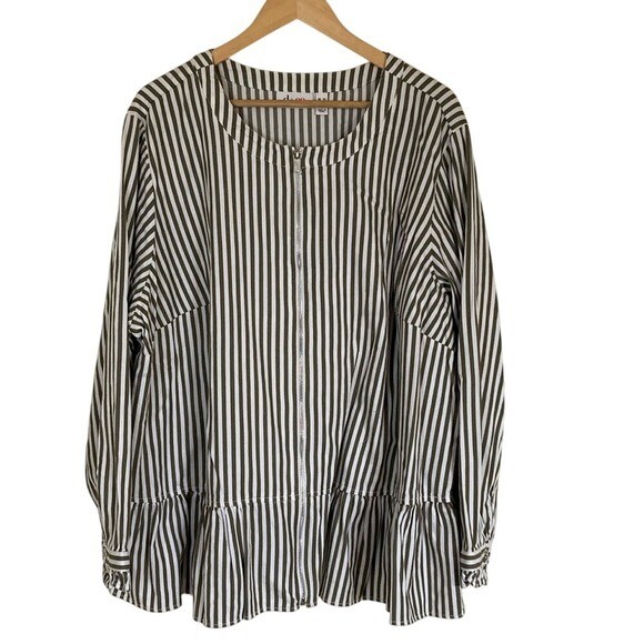 Denim&Co Womens Zip Front Cotton Peplem Hem Striped Jacket Size 3X  Olive White