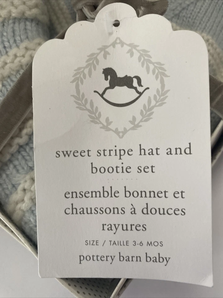 Conjunto de sombrero y botín Pottery Barn Baby Sweet Stripe tejido azul y blanco 3-6 meses nuevo en paquete Foto 3 de 4