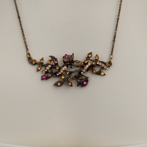 Michal Negrin Necklace Romantic Bib Floral Beige Pink Crystals Roses Leaves Gift - Picture 2 of 16