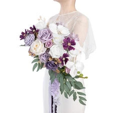 Ling's Moment Purple Bridal Bouquet Cascading, Lilac Wedding Bouquets for Bri...